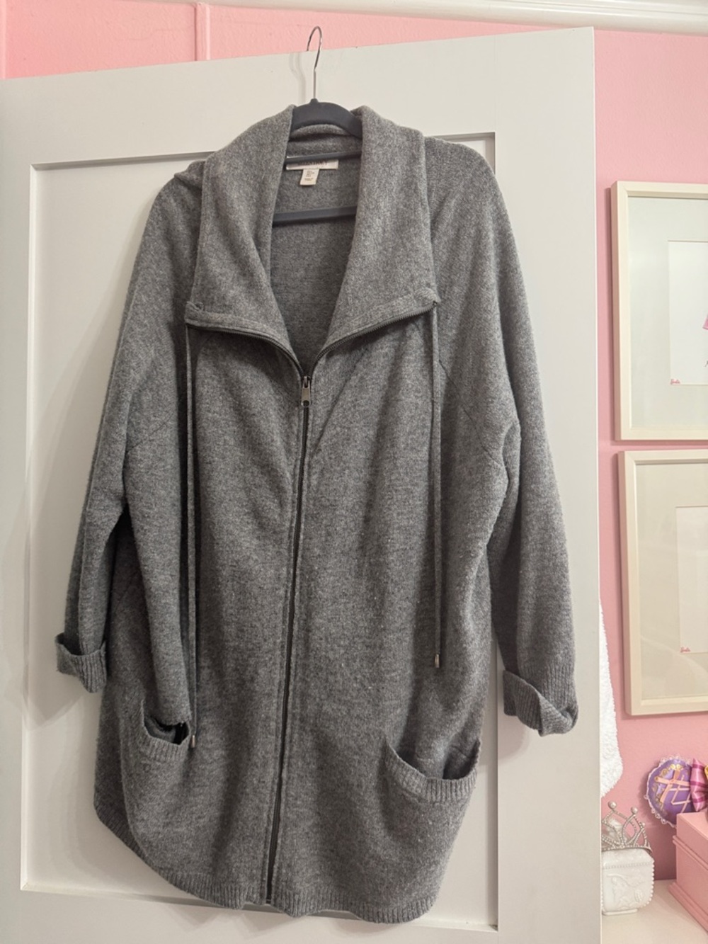 Ellen Tracy Gray Zip Front Hooded Cardigan Sweater